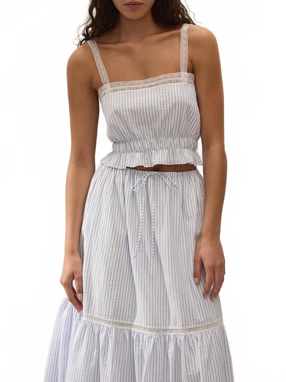 NEW FAITHFULL THE BRAND venta crop top in carmen stripe - light blue white